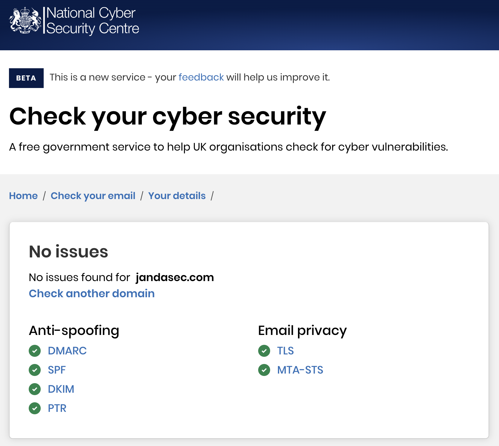 JandaSec Email Security Scan by the NCSC