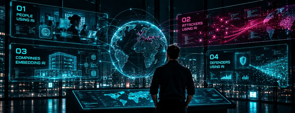 AI cybersecurity command centre showing the four lenses of people, attackers, companies and defenders