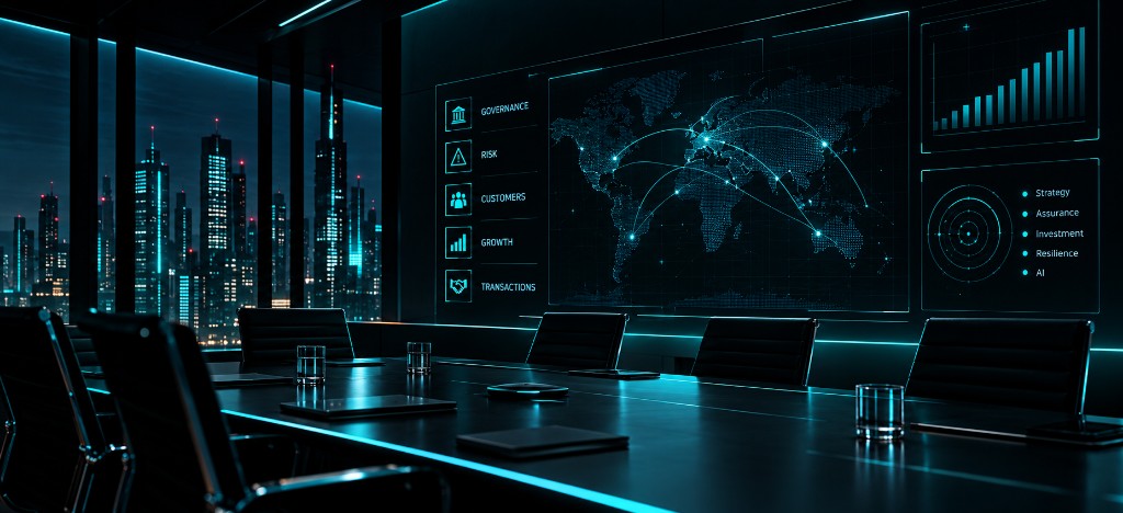 Board-level cybersecurity strategy dashboard covering governance, risk, customers, growth and transactions