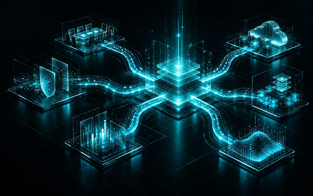 Abstract network showing cybersecurity, strategy, technology and AI converging around a central hub