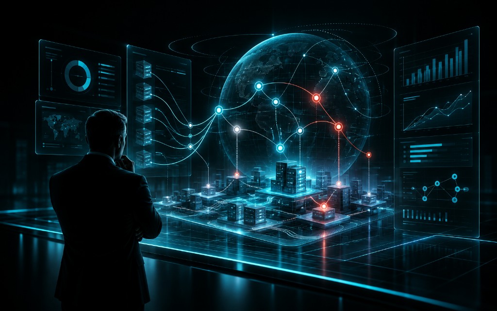 Abstract global cyber risk view: interconnected systems, evidence panels and decision context
