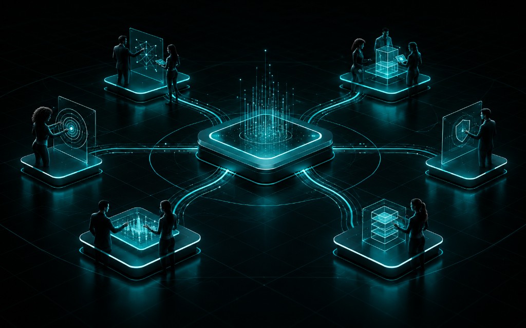 Connected cybersecurity ecosystem with specialist nodes around a central command hub