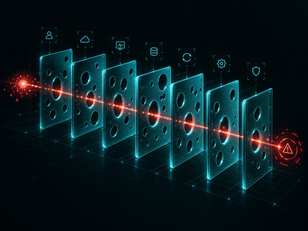 Custom diagram: layered Swiss-cheese / attack-path reasoning across initial access, identity, containment, detection, response, recovery and foundations.